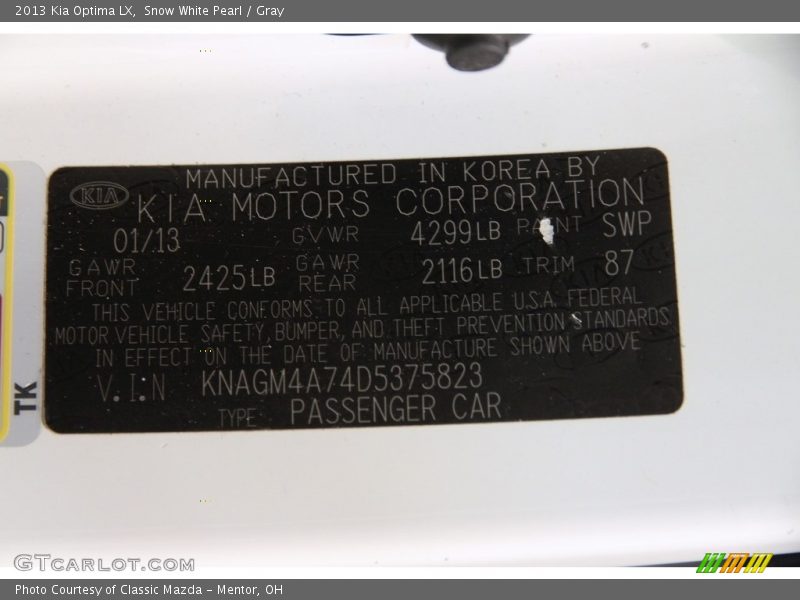 Snow White Pearl / Gray 2013 Kia Optima LX