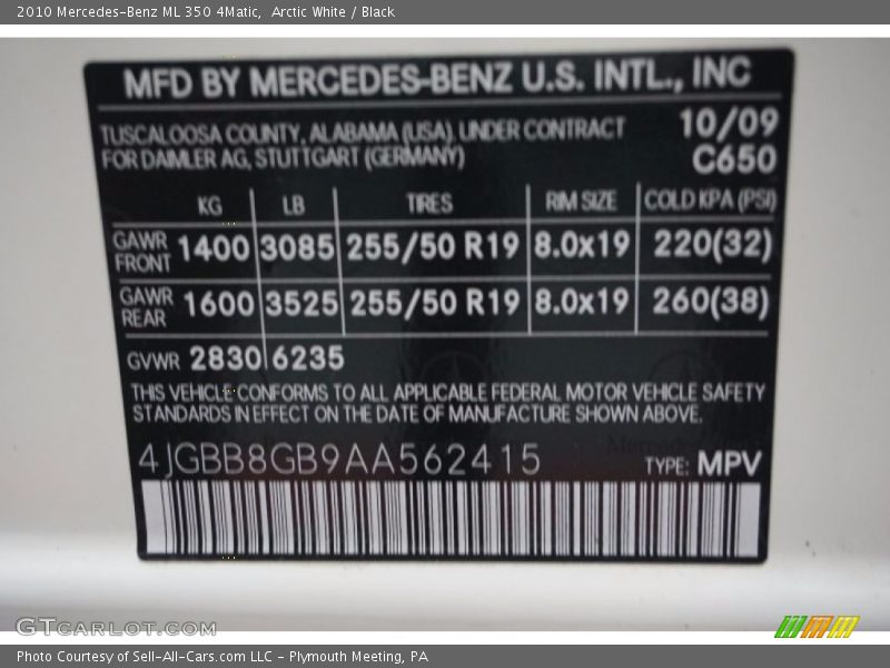 Arctic White / Black 2010 Mercedes-Benz ML 350 4Matic