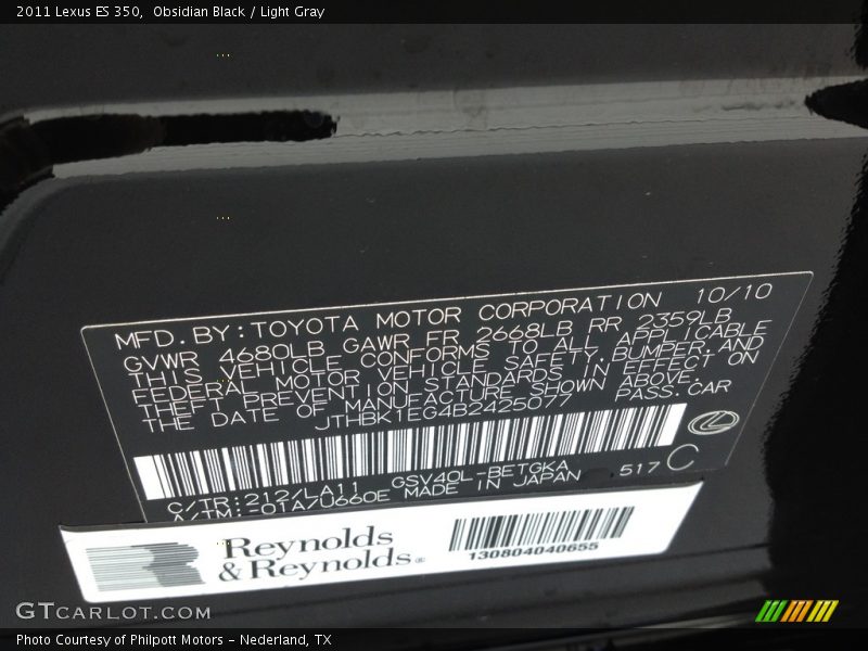 Obsidian Black / Light Gray 2011 Lexus ES 350