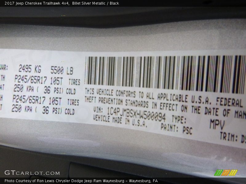 2017 Cherokee Trailhawk 4x4 Billet Silver Metallic Color Code PSC