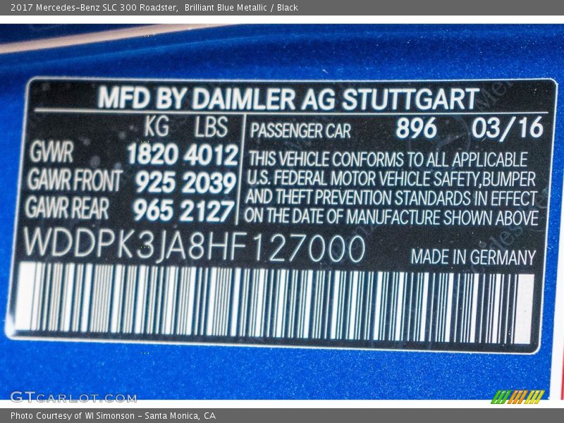2017 SLC 300 Roadster Brilliant Blue Metallic Color Code 896