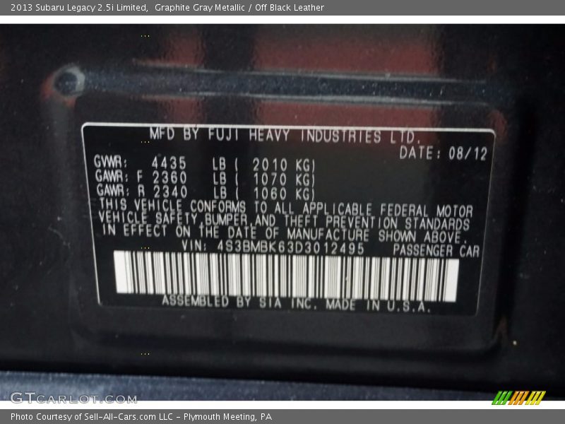 Graphite Gray Metallic / Off Black Leather 2013 Subaru Legacy 2.5i Limited
