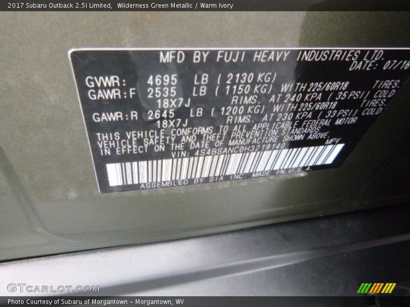 Wilderness Green Metallic / Warm Ivory 2017 Subaru Outback 2.5i Limited