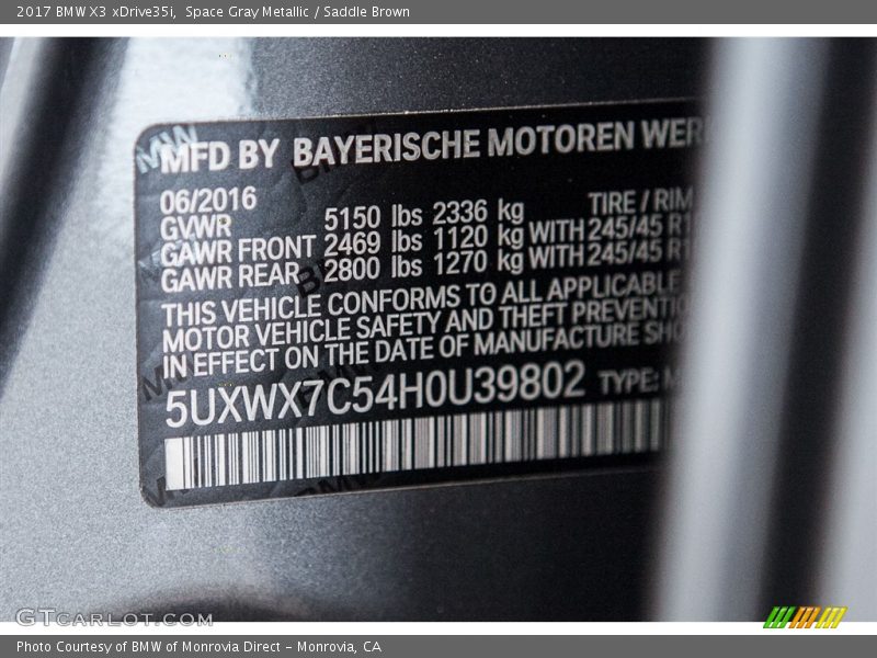 Space Gray Metallic / Saddle Brown 2017 BMW X3 xDrive35i