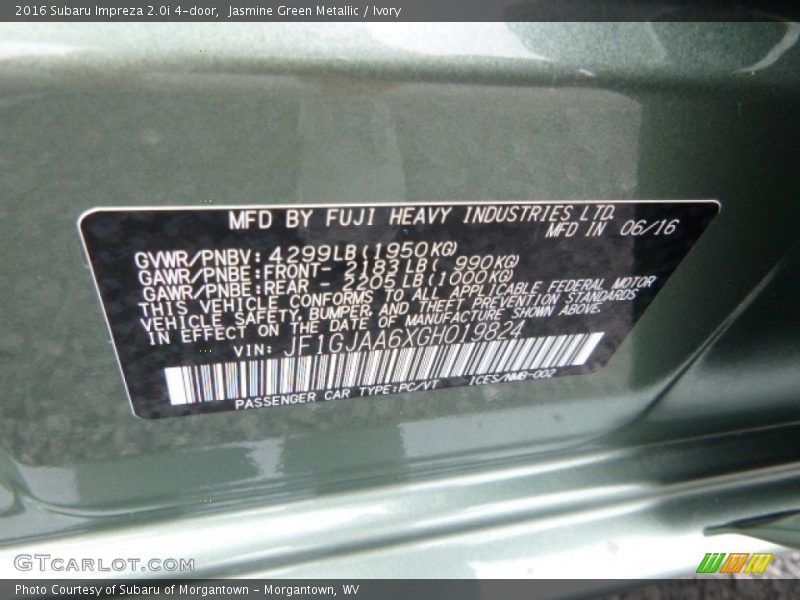 Jasmine Green Metallic / Ivory 2016 Subaru Impreza 2.0i 4-door