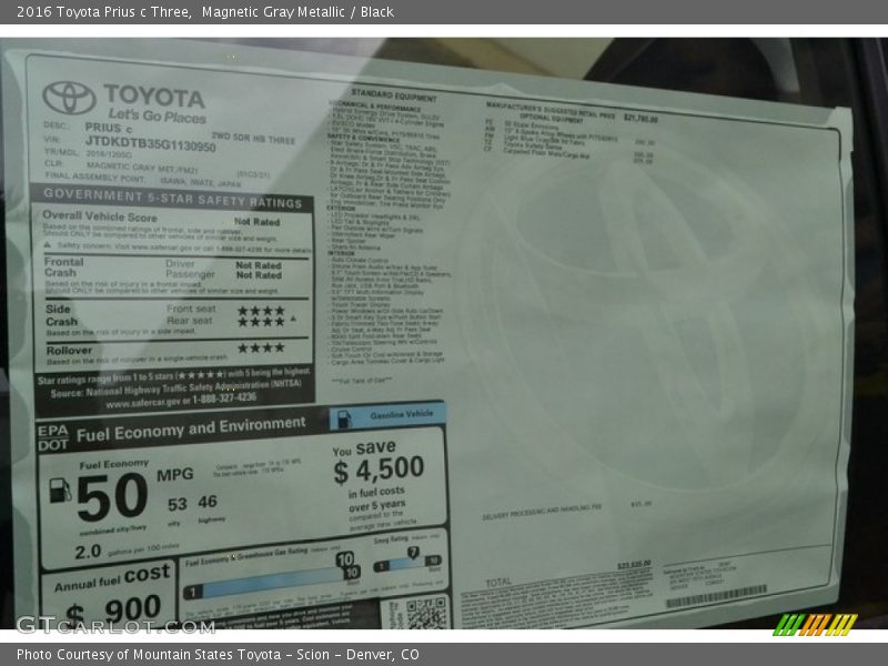 Magnetic Gray Metallic / Black 2016 Toyota Prius c Three