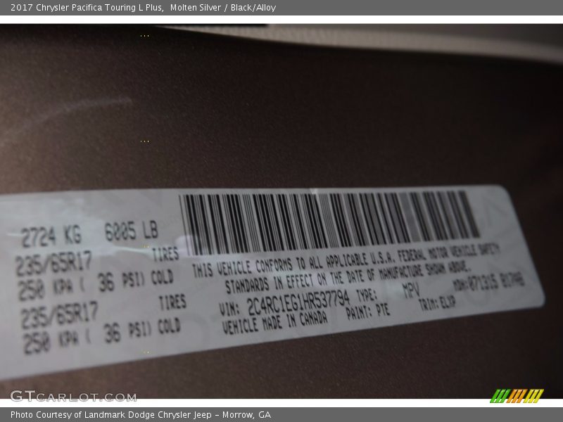 Molten Silver / Black/Alloy 2017 Chrysler Pacifica Touring L Plus