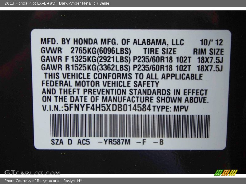 Dark Amber Metallic / Beige 2013 Honda Pilot EX-L 4WD