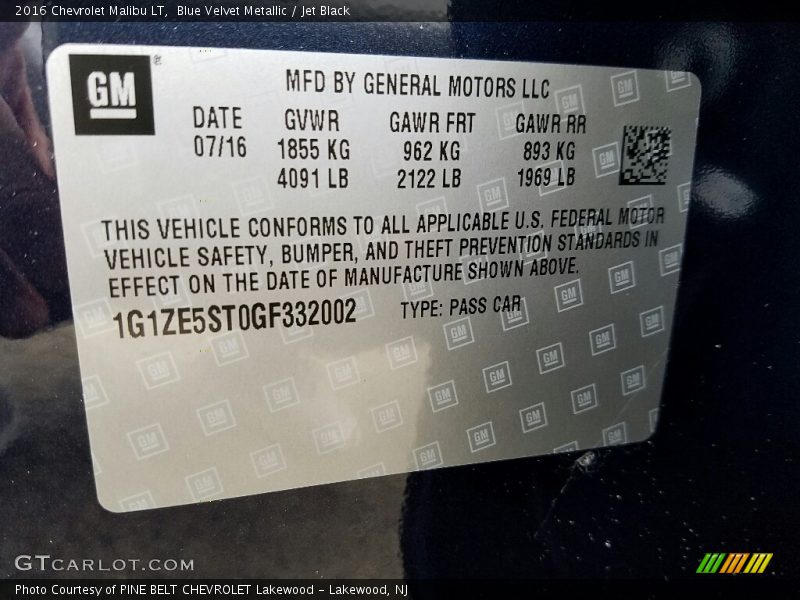 Blue Velvet Metallic / Jet Black 2016 Chevrolet Malibu LT