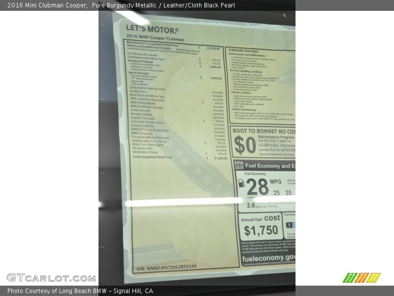 Pure Burgundy Metallic / Leather/Cloth Black Pearl 2016 Mini Clubman Cooper