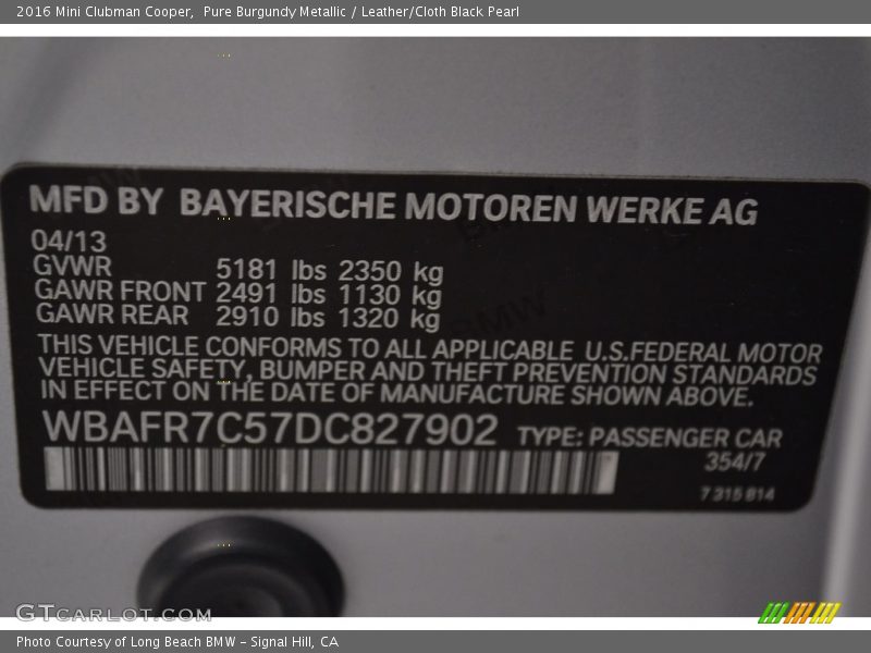 Pure Burgundy Metallic / Leather/Cloth Black Pearl 2016 Mini Clubman Cooper