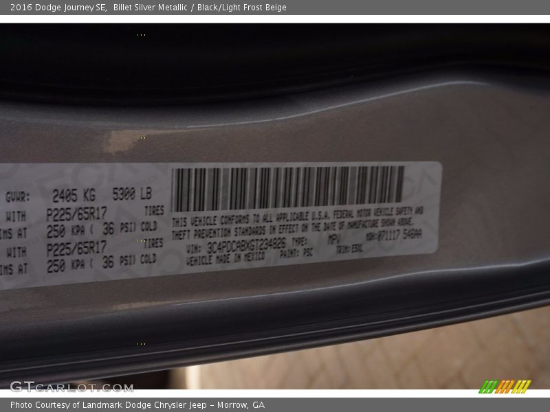 Billet Silver Metallic / Black/Light Frost Beige 2016 Dodge Journey SE