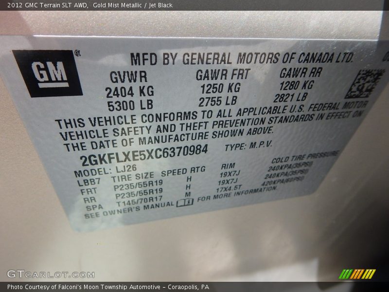 Gold Mist Metallic / Jet Black 2012 GMC Terrain SLT AWD