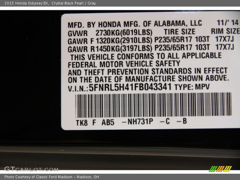 Crystal Black Pearl / Gray 2015 Honda Odyssey EX