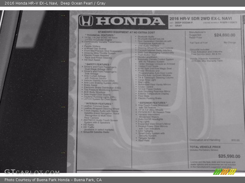 Deep Ocean Pearl / Gray 2016 Honda HR-V EX-L Navi