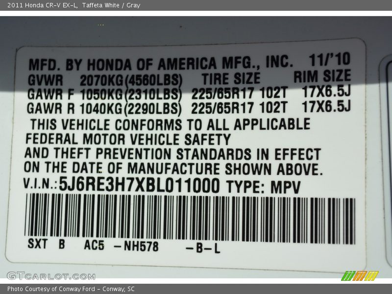 Taffeta White / Gray 2011 Honda CR-V EX-L