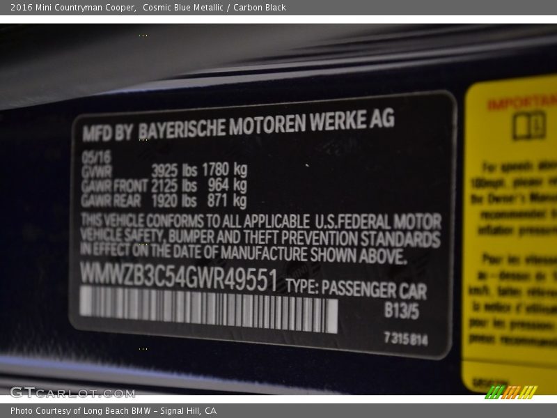 Cosmic Blue Metallic / Carbon Black 2016 Mini Countryman Cooper