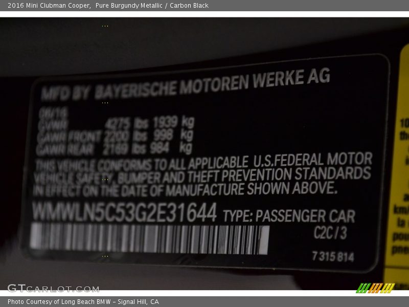 Pure Burgundy Metallic / Carbon Black 2016 Mini Clubman Cooper