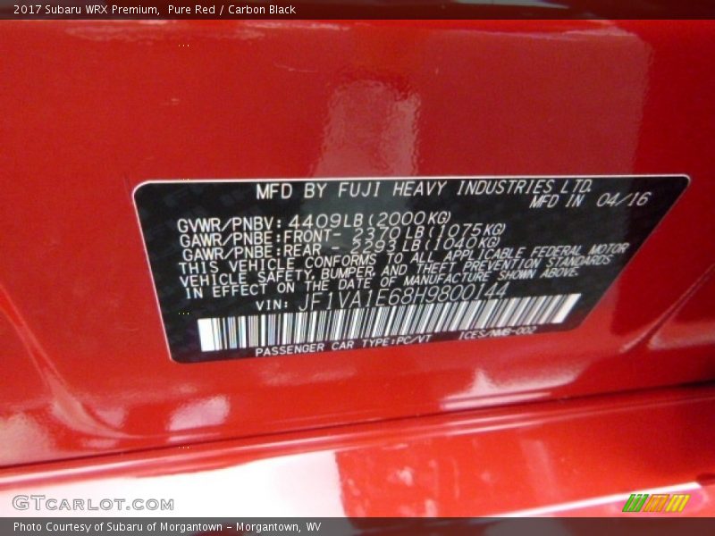 Pure Red / Carbon Black 2017 Subaru WRX Premium