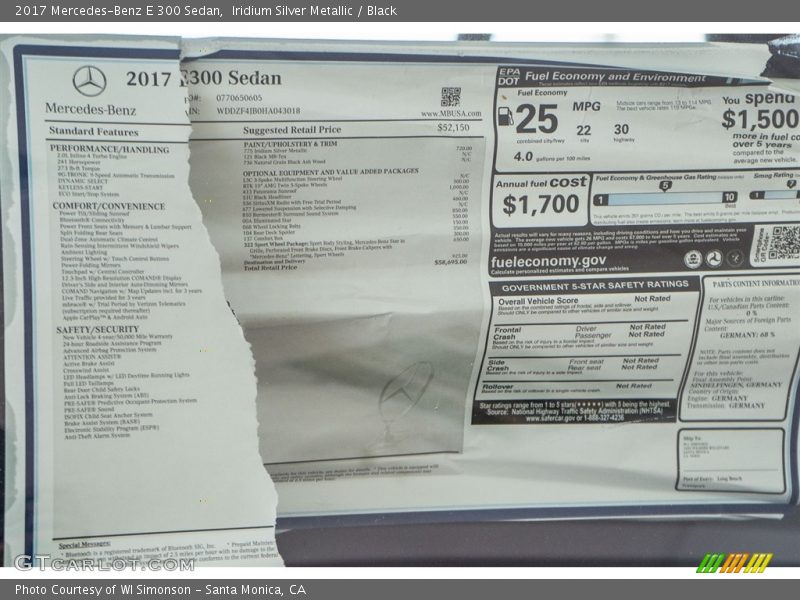  2017 E 300 Sedan Window Sticker