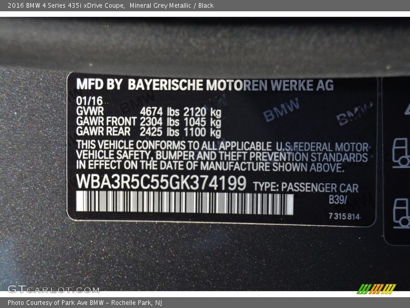 Mineral Grey Metallic / Black 2016 BMW 4 Series 435i xDrive Coupe