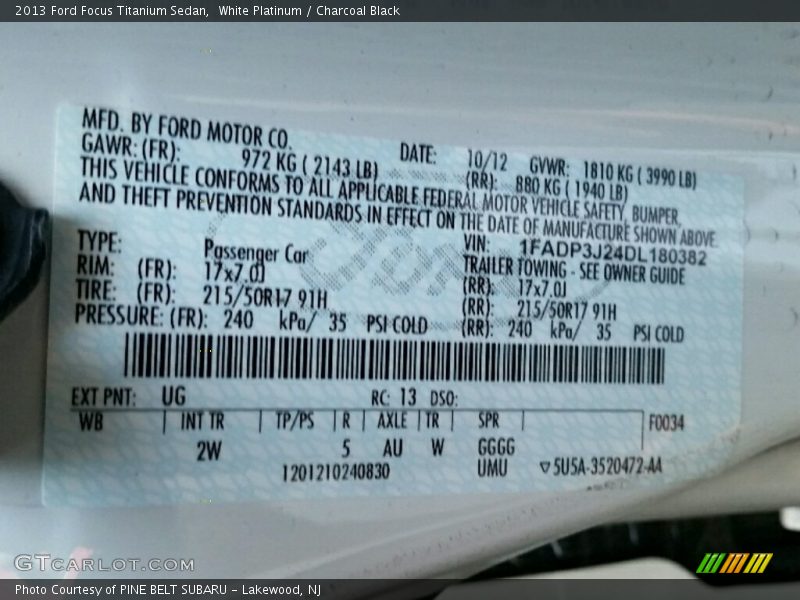 White Platinum / Charcoal Black 2013 Ford Focus Titanium Sedan