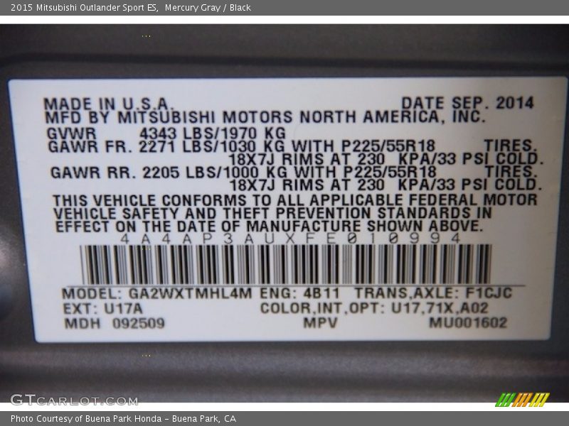 Mercury Gray / Black 2015 Mitsubishi Outlander Sport ES