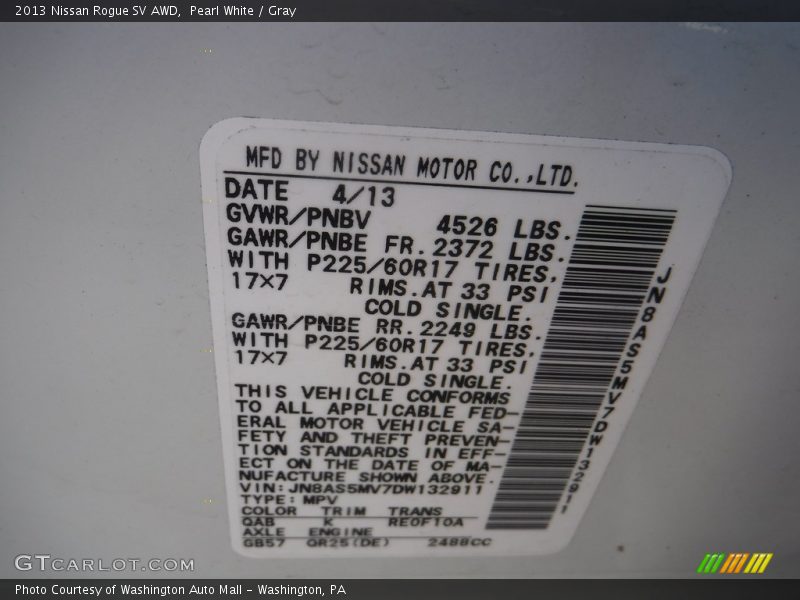 Pearl White / Gray 2013 Nissan Rogue SV AWD