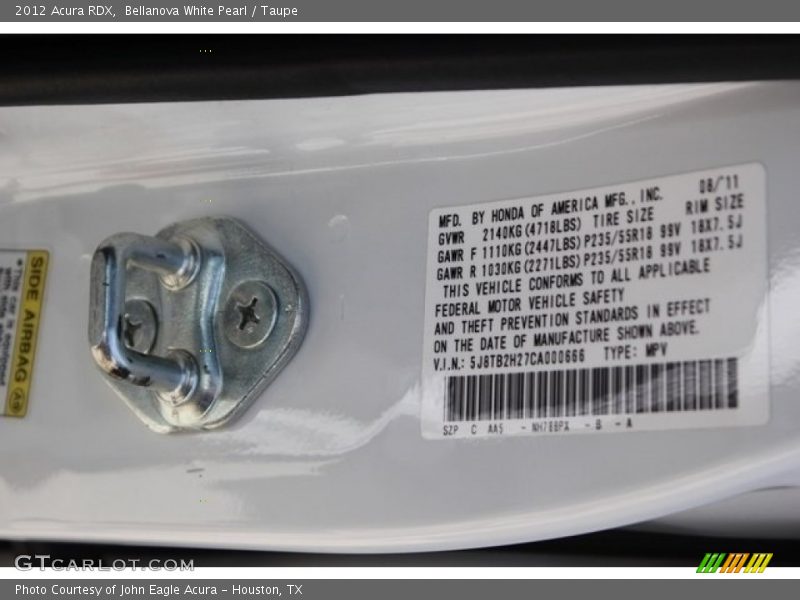 Bellanova White Pearl / Taupe 2012 Acura RDX