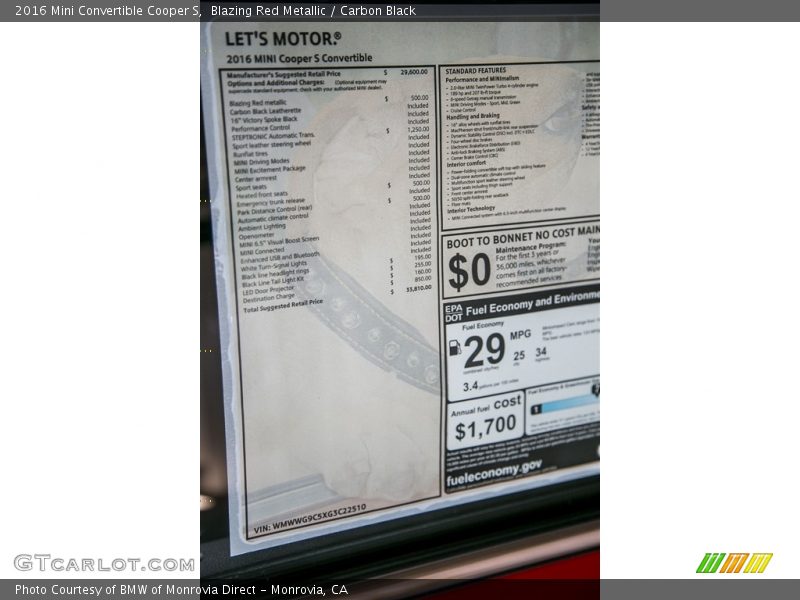  2016 Convertible Cooper S Window Sticker