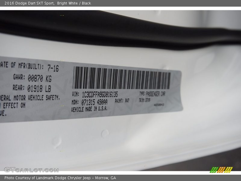Bright White / Black 2016 Dodge Dart SXT Sport