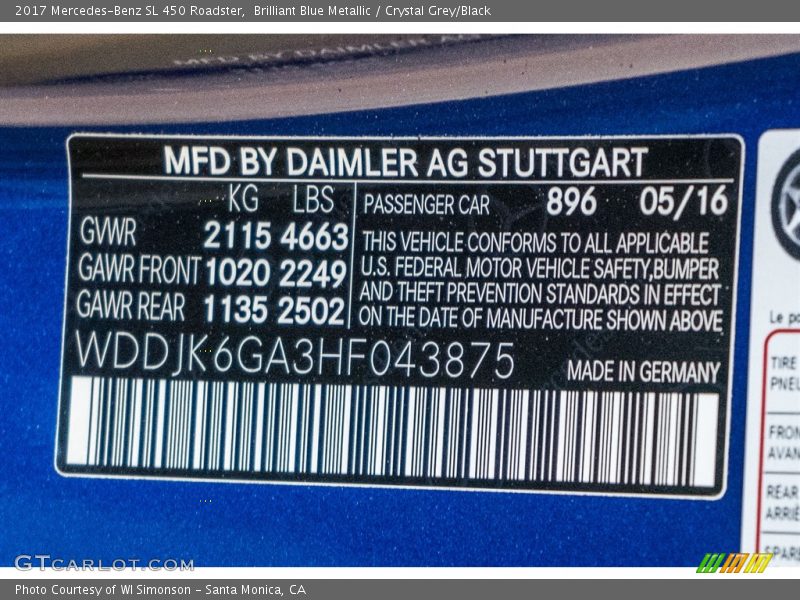 2017 SL 450 Roadster Brilliant Blue Metallic Color Code 896