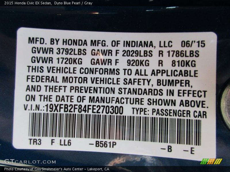 Dyno Blue Pearl / Gray 2015 Honda Civic EX Sedan