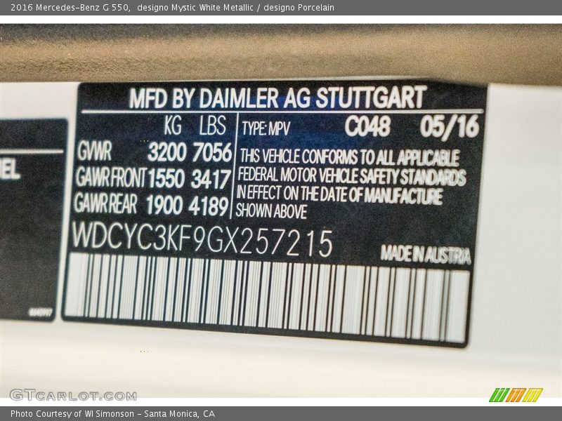 2016 G 550 designo Mystic White Metallic Color Code 048