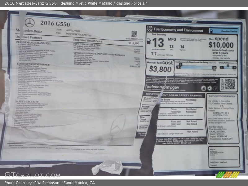  2016 G 550 Window Sticker