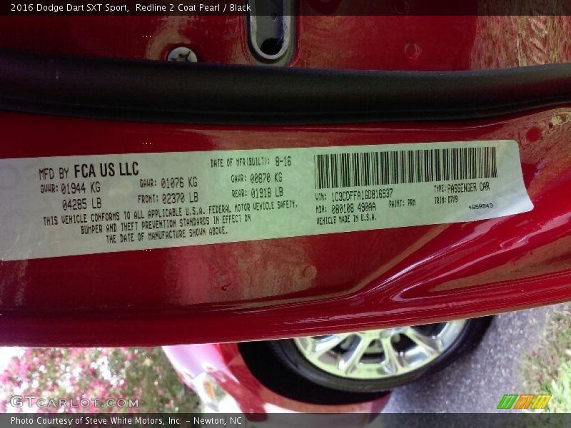 2016 Dart SXT Sport Redline 2 Coat Pearl Color Code PRM