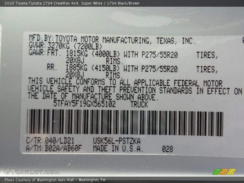 2016 Tundra 1794 CrewMax 4x4 Super White Color Code 040
