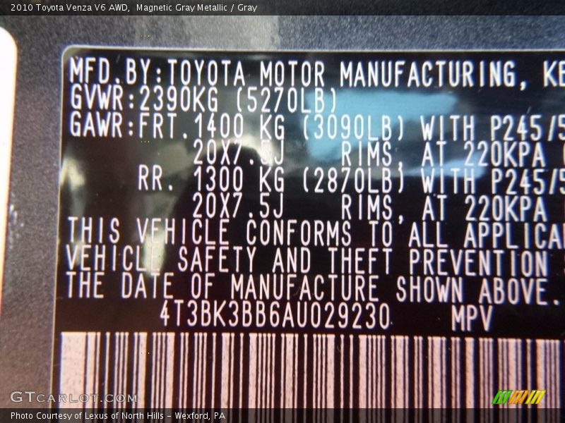 Magnetic Gray Metallic / Gray 2010 Toyota Venza V6 AWD