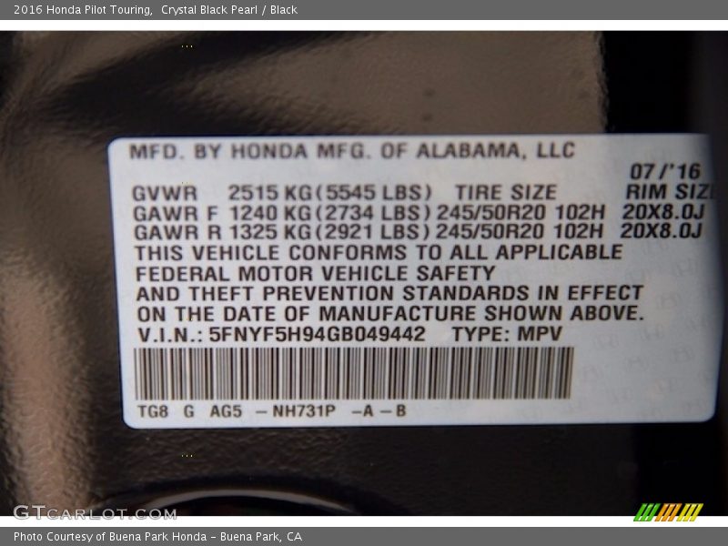 Crystal Black Pearl / Black 2016 Honda Pilot Touring