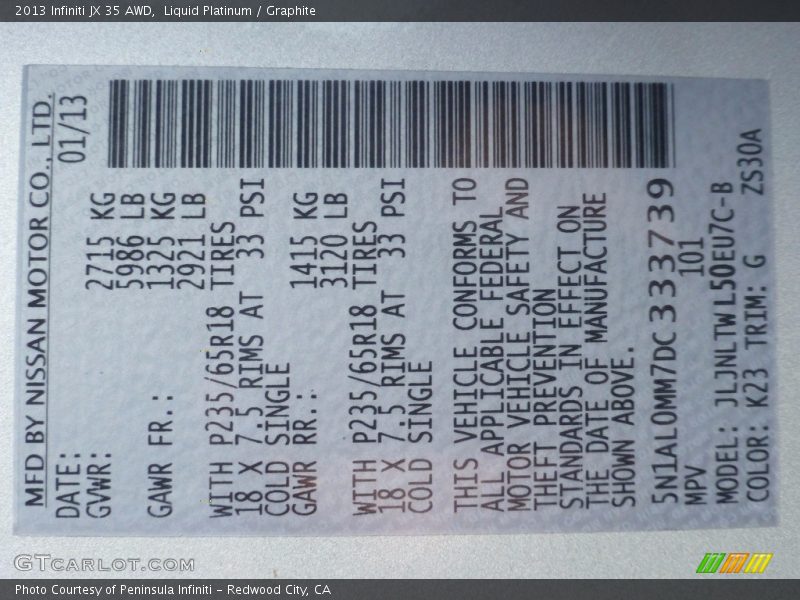 Liquid Platinum / Graphite 2013 Infiniti JX 35 AWD
