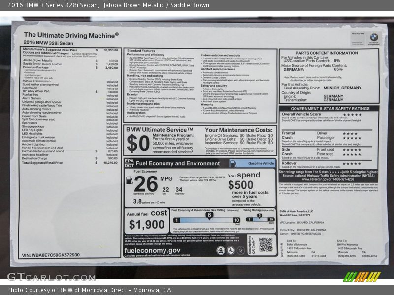  2016 3 Series 328i Sedan Window Sticker