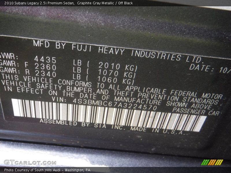 Graphite Gray Metallic / Off Black 2010 Subaru Legacy 2.5i Premium Sedan