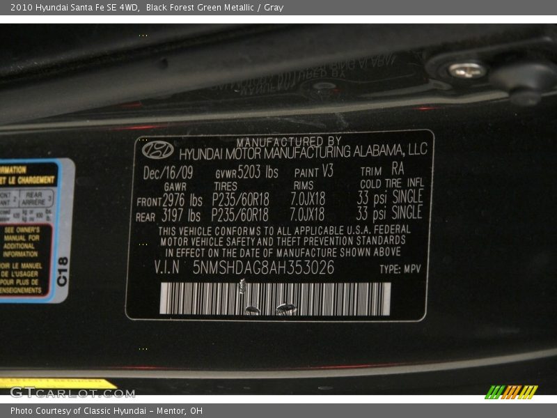 Black Forest Green Metallic / Gray 2010 Hyundai Santa Fe SE 4WD