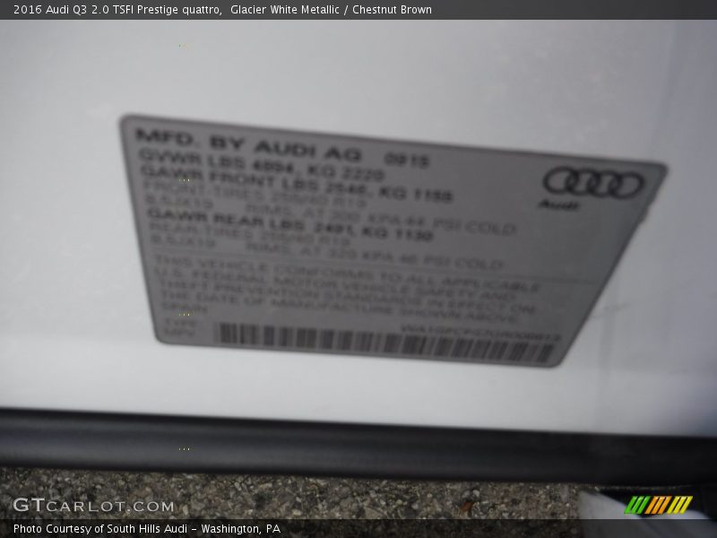 Glacier White Metallic / Chestnut Brown 2016 Audi Q3 2.0 TSFI Prestige quattro