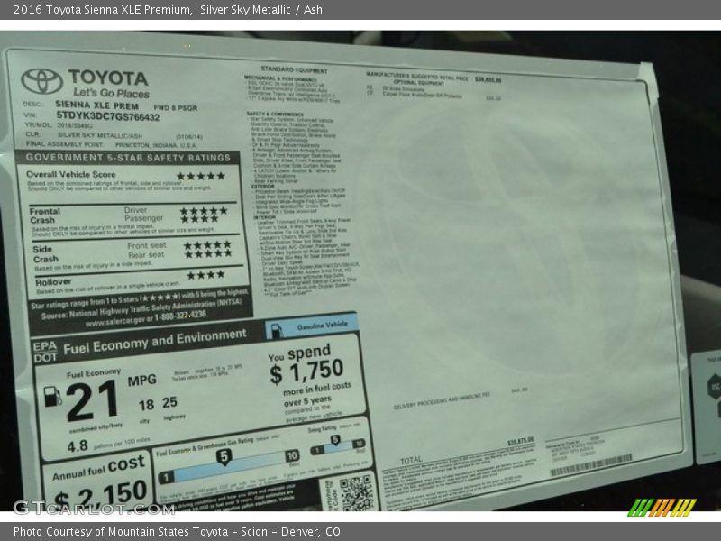 Silver Sky Metallic / Ash 2016 Toyota Sienna XLE Premium