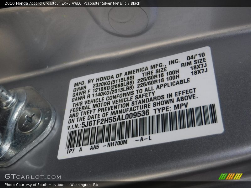 Alabaster Silver Metallic / Black 2010 Honda Accord Crosstour EX-L 4WD