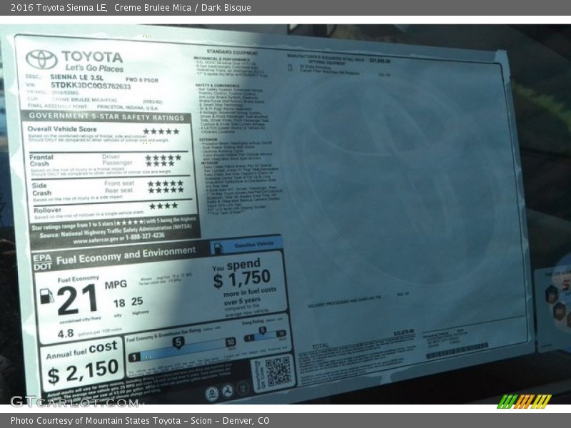 Creme Brulee Mica / Dark Bisque 2016 Toyota Sienna LE