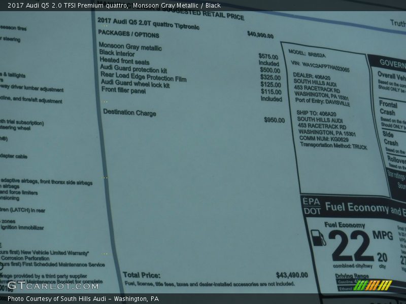Monsoon Gray Metallic / Black 2017 Audi Q5 2.0 TFSI Premium quattro