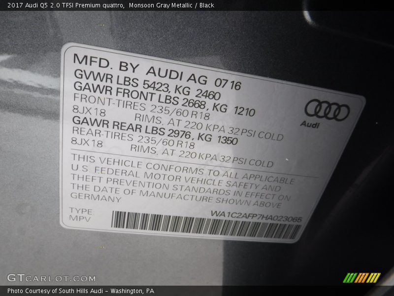 Monsoon Gray Metallic / Black 2017 Audi Q5 2.0 TFSI Premium quattro