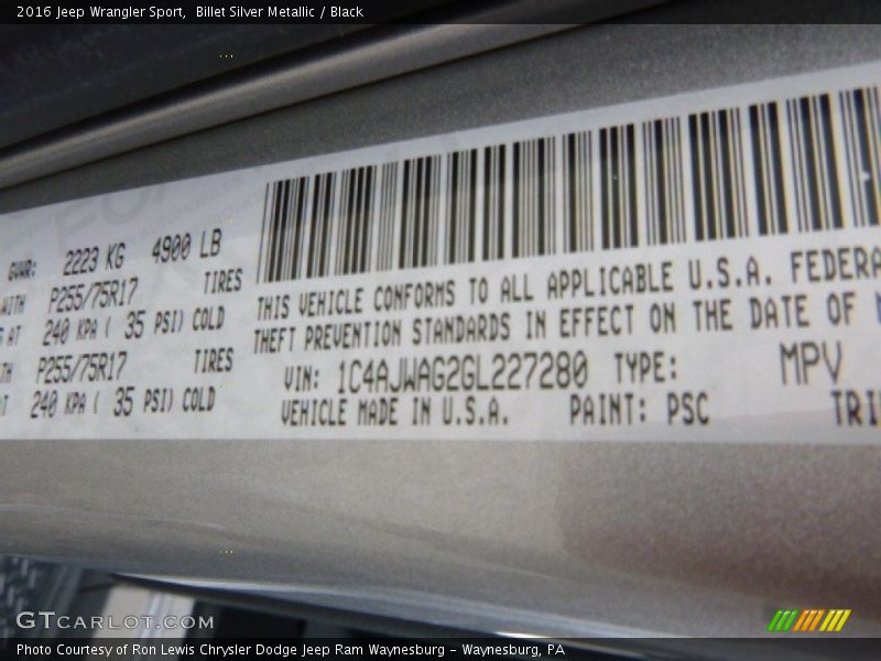 Billet Silver Metallic / Black 2016 Jeep Wrangler Sport
